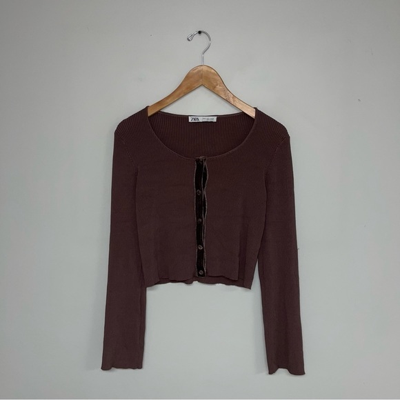 Zara Ribbed  Crop Cardigan Velvet Lined Buttons Knit Brown Women's‎ Size Medium - Picture 2 of 13